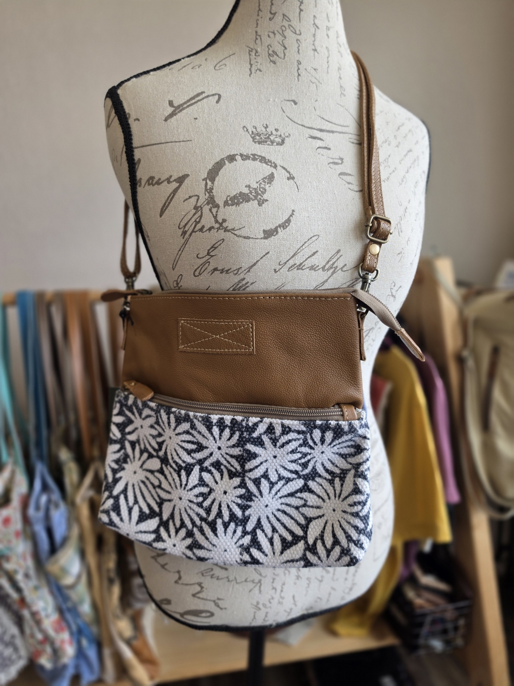 Tan Crossbody Bag with Black & White Floral Front Pocket